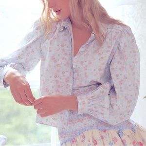 LoveShackFancy Sansom Floral Blouse Puff Sleeve Baby Blue Skies Boho Sz Medium